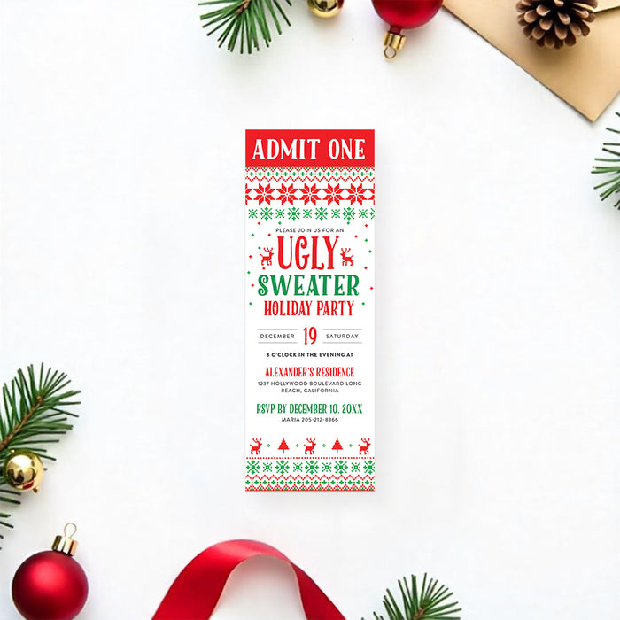 Invitation card for Ugly Sweater Holiday Party with Christmas decorations on a white background
