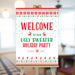 Welcome sign for ugly sweater holiday party featuring a red and green Christmas sweater design, reindeer illustrations, and customizable event details.