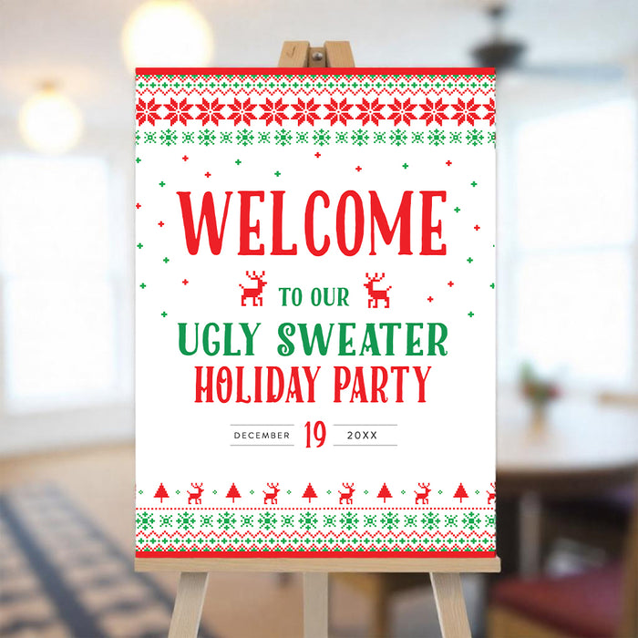 Welcome sign for an Ugly Sweater Holiday Party on a stand with a blurred indoor background.