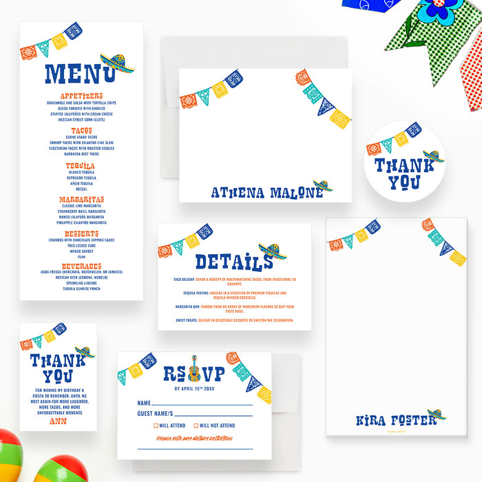 Colorful Fiesta Birthday Invitation Card with Papel Picado Banner, Its Time to Fiesta Mexican Birthday Invitations