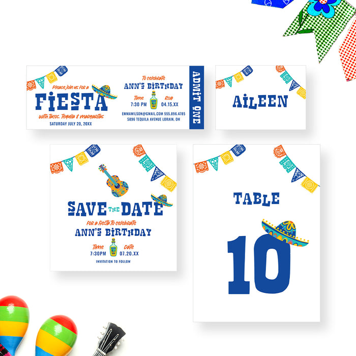 Colorful Fiesta Birthday Invitation Card with Papel Picado Banner, Its Time to Fiesta Mexican Birthday Invitations