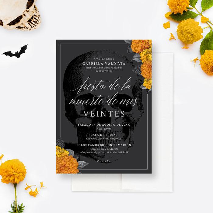 Fiesta de la Muerte de Mis Veintes Spanish invitation with skull and marigolds