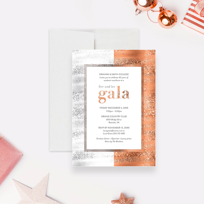 An elegant invitation card for a gala party with a silver and copper design, displayed on a table with decorations and a blank envelope beside it.