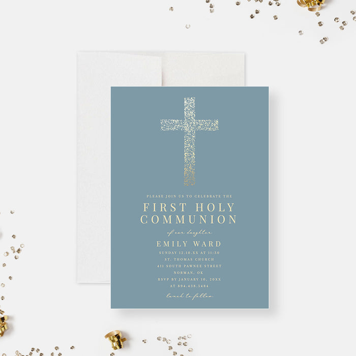 Dusty Blue First Holy Communion Invitation Card with Golden Cross, Elegant Invites For Religious Event 170