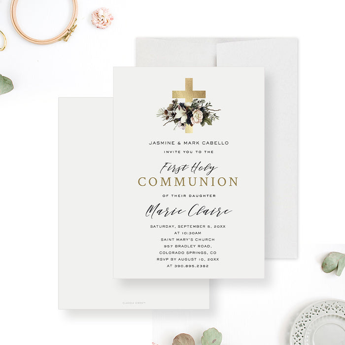 First Holy Communion Invitation Card with Gold Cross and Flowers, Elegant and Religious Baptism Invitations