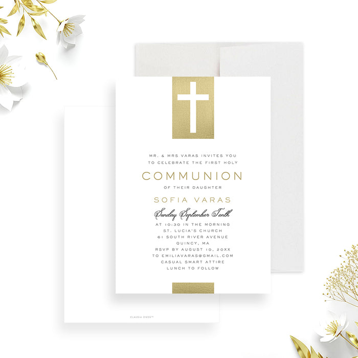 First Holy Communion invitation with cross design, refined lettering, custom child’s name, and religious celebration details-front-back