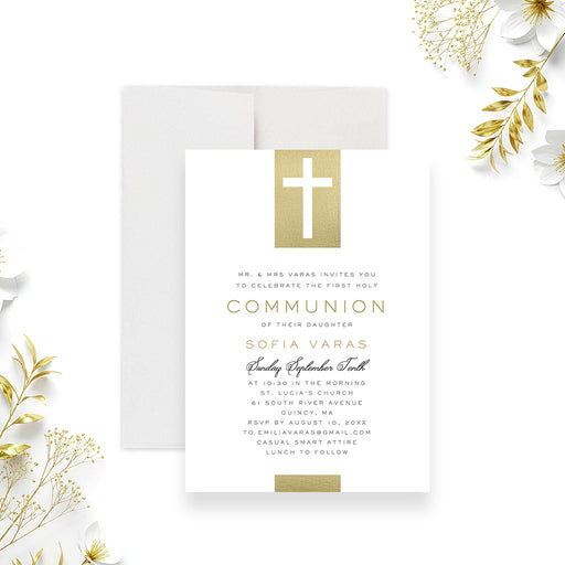 First Holy Communion invitation with cross design, refined lettering, custom child’s name, and religious celebration details-front