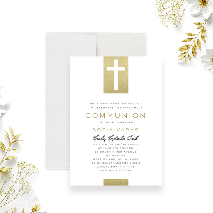 First Holy Communion invitation with cross design, refined lettering, custom child’s name, and religious celebration details-front