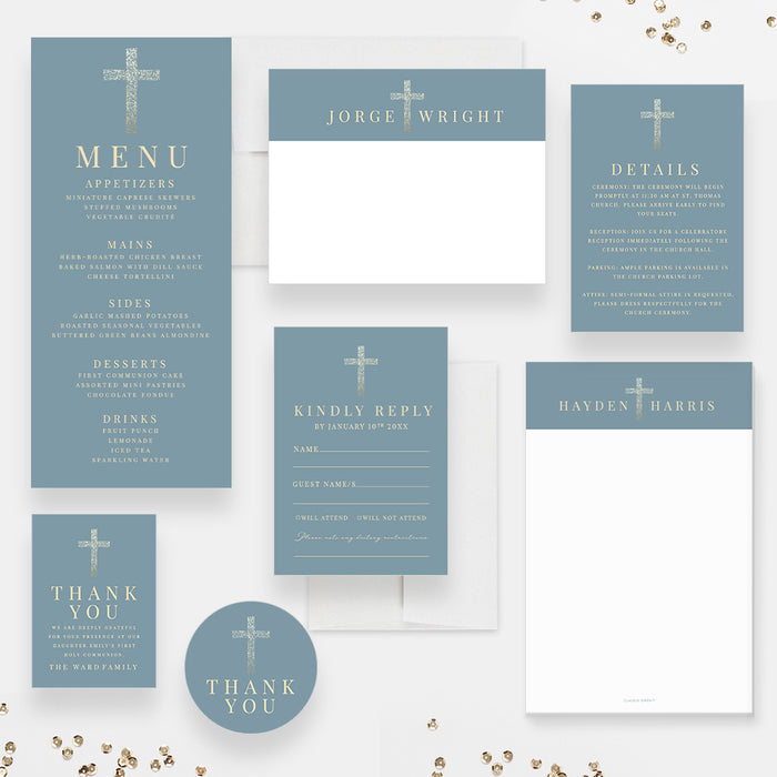 Dusty Blue First Holy Communion Invitation Card with Golden Cross, Ele Dusty Blue First Holy Communion Invitation Card with Golden Cross, Ele