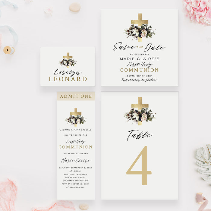 First Holy Communion Invitation Card with Gold Cross and Flowers, Elegant and Religious Baptism Invitations