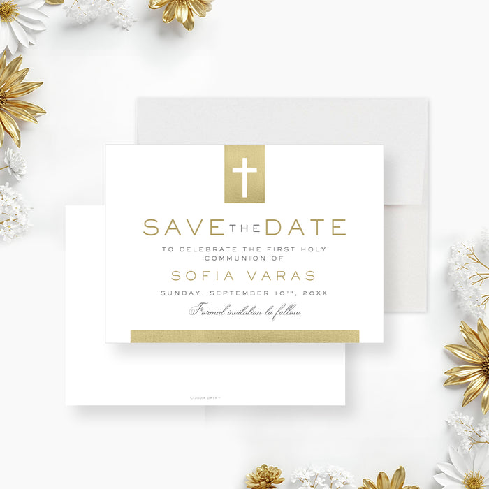First Holy Communion save the date card with cross design, elegant lettering, custom child’s name, and religious celebration details-front-back