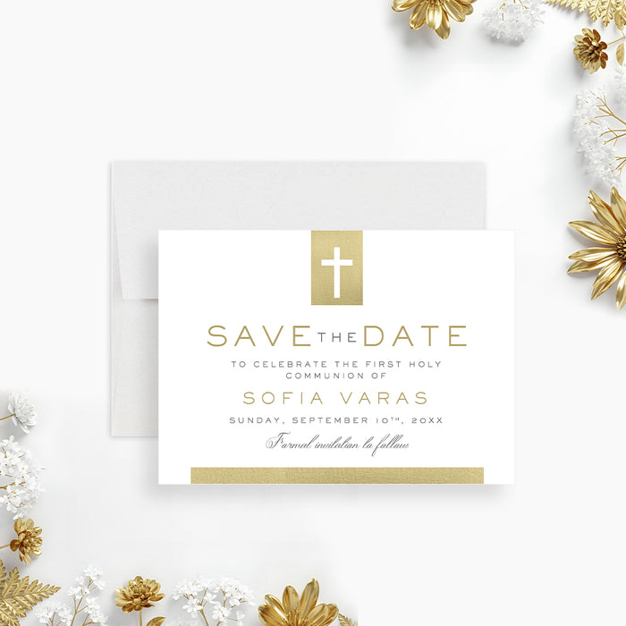First Holy Communion save the date card with cross design, elegant lettering, custom child’s name, and religious celebration details-front
