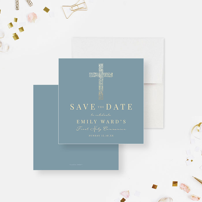 Dusty Blue First Holy Communion Invitation Card with Golden Cross, Elegant Invites For Religious Event