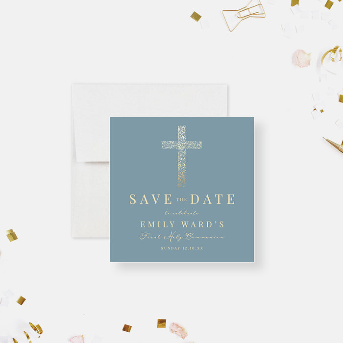 Dusty Blue Save the Date Card for First Holy Communion, Elegant Save the Dates for Religious Events with Golden Cross