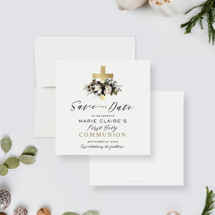 First Holy Communion Invitation Card with Gold Cross and Flowers, Elegant and Religious Baptism Invitations