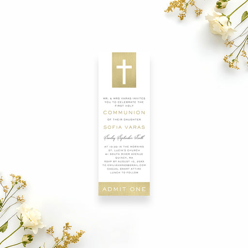 First Holy Communion ticket invitation with Christian cross design, elegant typography, and personalized celebration details