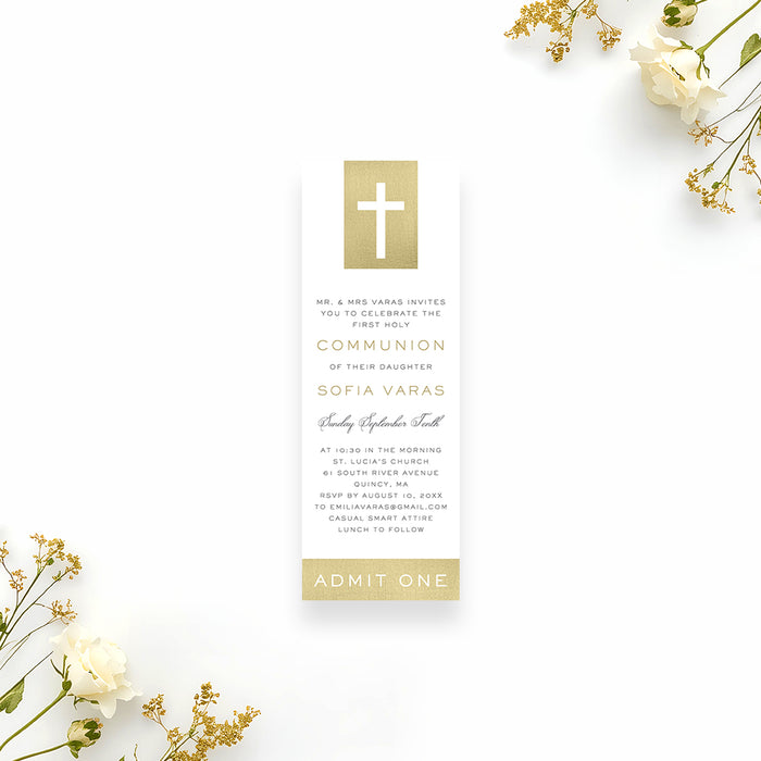 First Holy Communion ticket invitation with Christian cross design, elegant typography, and personalized celebration details