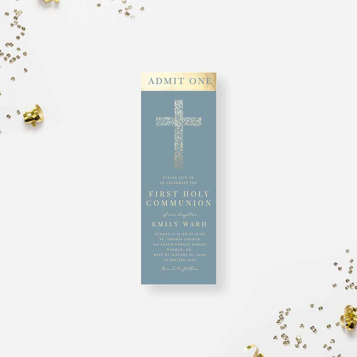 Dusty Blue Ticket Invitations for First Holy Communion Celebration, El Dusty Blue Ticket Invitations for First Holy Communion Celebration, El