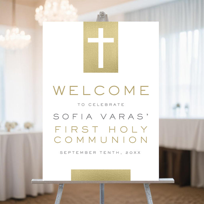 personalized First Holy Communion welcome sign with elegant cross design, custom name, and event date on a white background