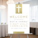 personalized First Holy Communion welcome sign with elegant cross design, custom name, and event date on a white background