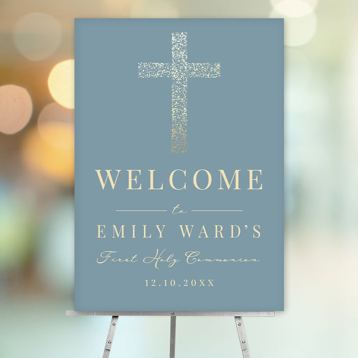 Blue and gold First Holy Communion welcome sign featuring a gold cross and personalized text for religious celebration décor.