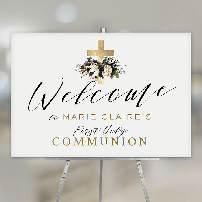 Personalized First Holy Communion welcome sign featuring a gold cross and floral design. Custom name and event décor for church or reception.