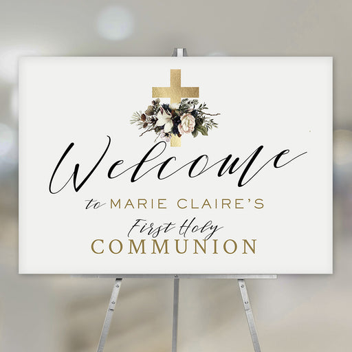 Personalized First Holy Communion welcome sign featuring a gold cross and floral design. Custom name and event décor for church or reception.