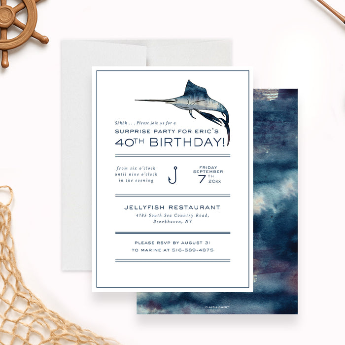 fishing birthday invitation with marlin illustration, navy nautical details, classic border lines, and editable birthday party details-front-back