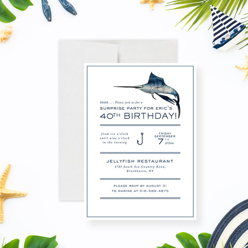 fishing birthday invitation with marlin illustration, navy nautical details, classic border lines, and editable birthday party details-front