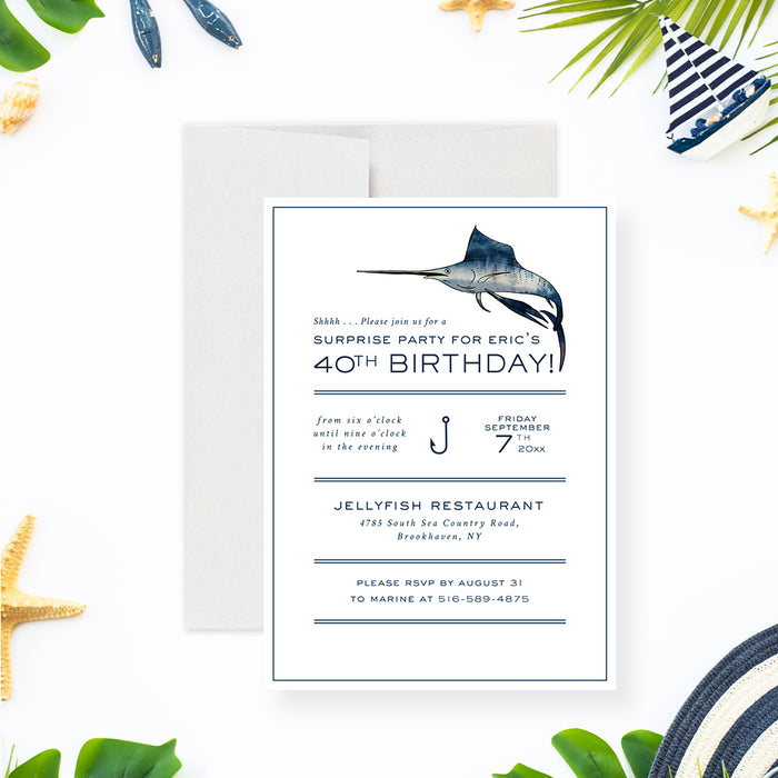 fishing birthday invitation with marlin illustration, navy nautical details, classic border lines, and editable birthday party details-front