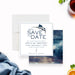 fishing birthday save the date card with marlin illustration, navy nautical details, hook icon, and editable birthday party wording-front-back
