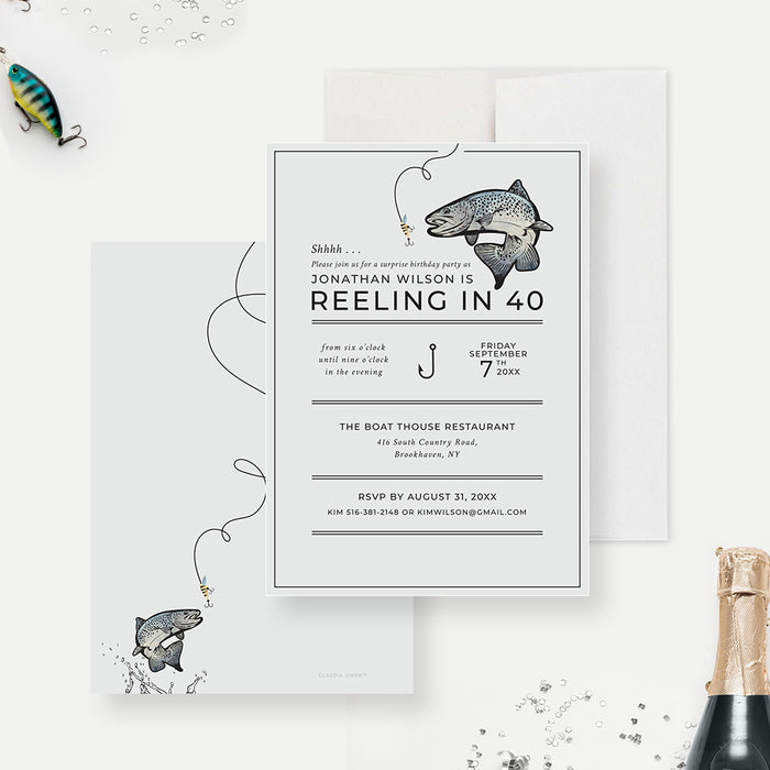 Fishing themed birthday invitation for men with illustrated fish and hook-front-back