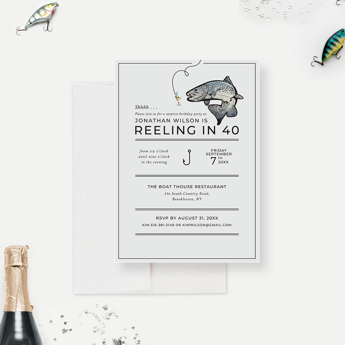 Fishing themed birthday invitation for men with illustrated fish and hook-front
