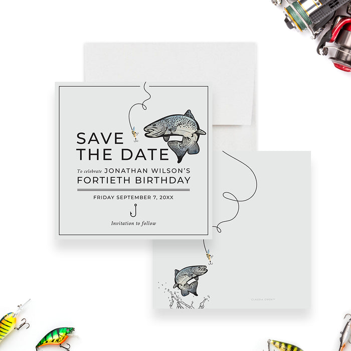 Fishing-themed 40th birthday save the date card featuring a hooked fish and lure design, customized for a 40th birthday celebration.-front-back