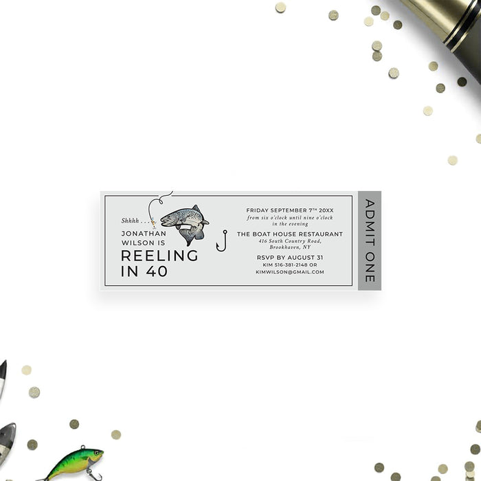 Fishing-themed birthday invitation with fish and hook design, featuring “Reeling in 40” text, and customizable party details.