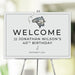 Personalized fishing birthday welcome sign with a fish and hook illustration, custom name, and date, ideal for milestone men’s birthday decorations.