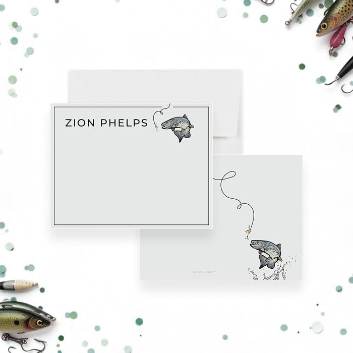 Personalized fishing-themed note card with fish illustration and custom name.-front-back