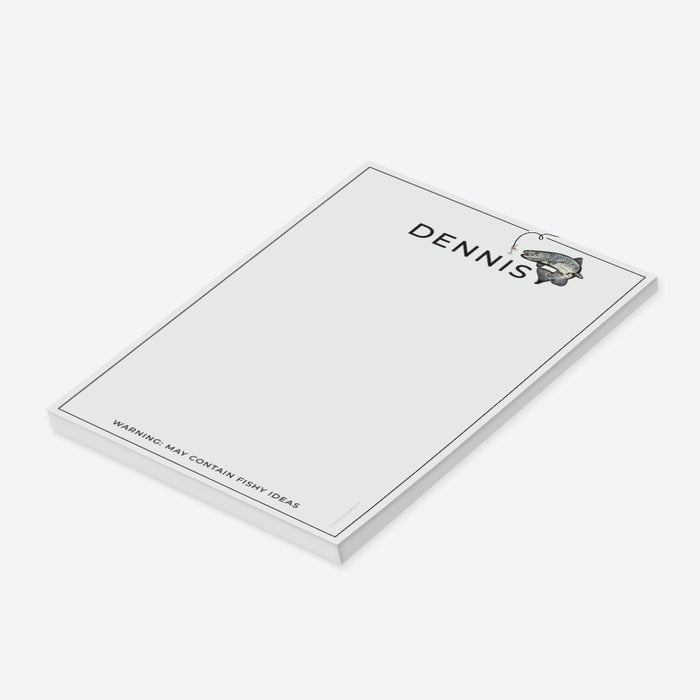 Personalized fishing-themed notepad with fish and hook design, custom name, and “Warning: May Contain Fishy Ideas” message.-side