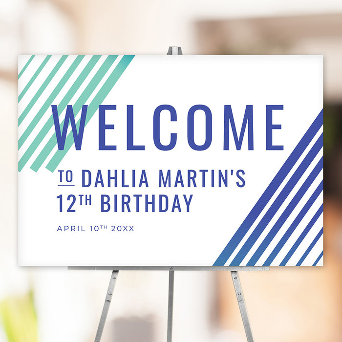 Bold fitness birthday party welcome sign with modern green and blue stripes, ideal for gym or workout-themed celebrations for kids, teens, or adults.
