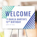 Bold fitness birthday party welcome sign with modern green and blue stripes, ideal for gym or workout-themed celebrations for kids, teens, or adults.