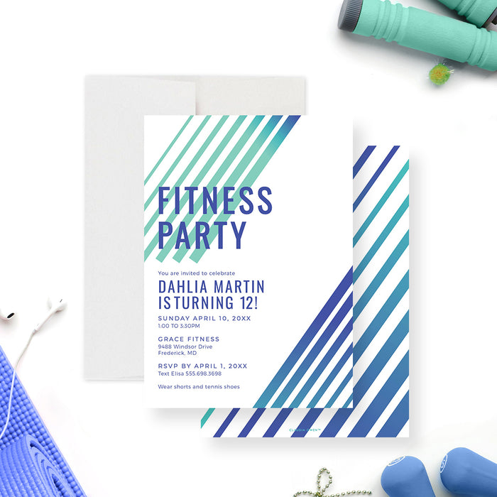 Custom fitness party invitation with blue and teal stripes, perfect for gym birthdays, sports events, and active celebrations.-front-back