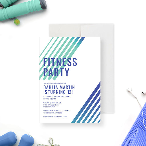 Custom fitness party invitation with blue and teal stripes, perfect for gym birthdays, sports events, and active celebrations.-front