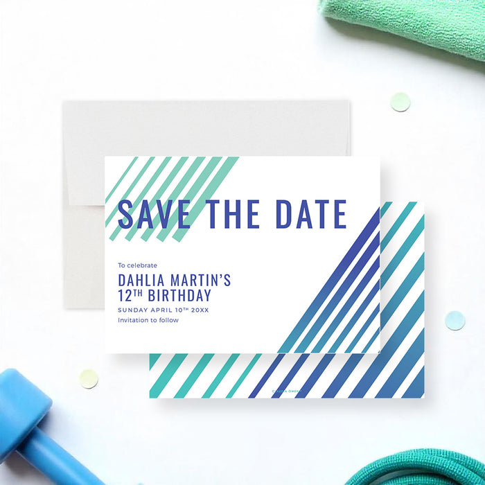 Modern fitness themed birthday save the date card with green and blue diagonal stripes, perfect for gym or workout party celebrations.-front-back