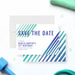 Modern fitness themed birthday save the date card with green and blue diagonal stripes, perfect for gym or workout party celebrations.-front-back