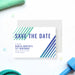 Modern fitness themed birthday save the date card with green and blue diagonal stripes, perfect for gym or workout party celebrations.-front