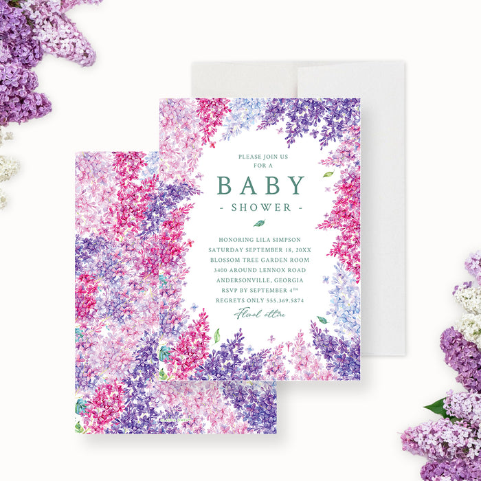 Watercolor Lilac Floral Baby Shower Invitation Card in Purple and Pink, Garden Inspired  Spring Baby Shower, Floral Affair Shower Invites