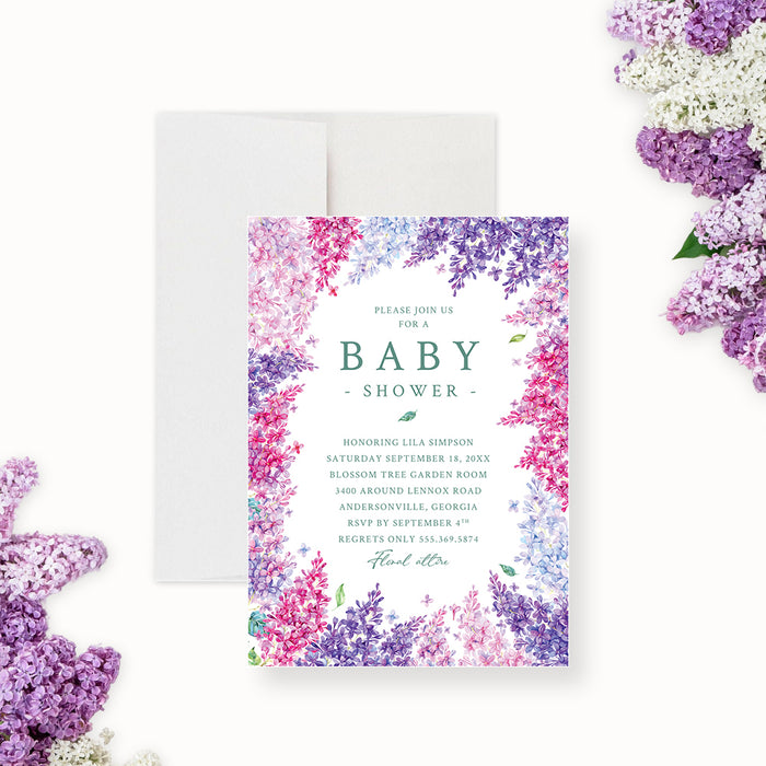 Watercolor Lilac Floral Baby Shower Invitation Card in Purple and Pink, Garden Inspired  Spring Baby Shower, Floral Affair Shower Invites