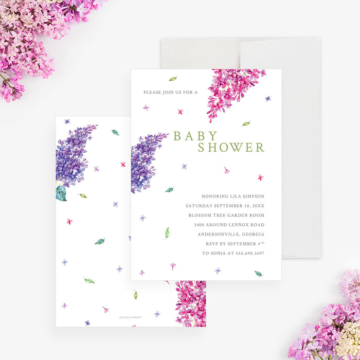 Pink and Purple Floral Baby Shower Invitation Card, Baby in Bloom Baby Girl Shower Invites with Lilac Flower Illustrations