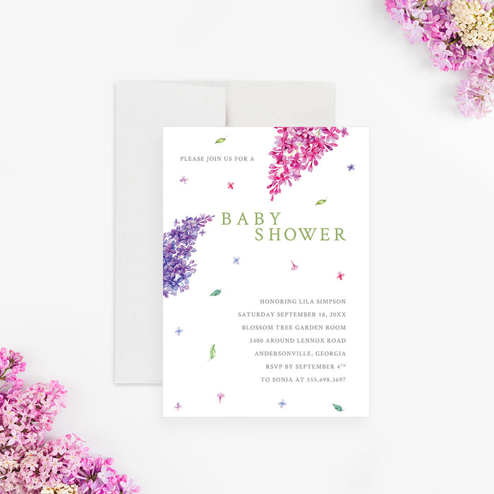 Pink and Purple Floral Baby Shower Invitation Card, Baby in Bloom Baby Girl Shower Invites with Lilac Flower Illustrations