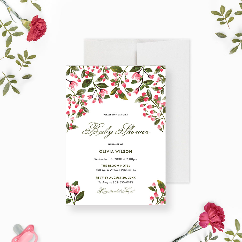 Baby Shower Invitation Card with Floral Illustration Design, Flowery B, image size:1000x1000